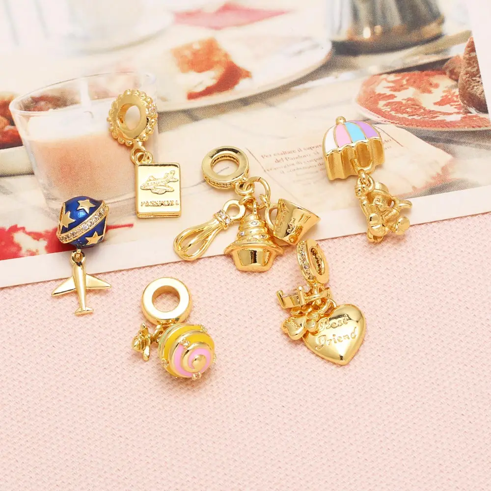 OCESRIO Passport Airplane Pendant for Necklaces Copper Gold Plated Hot Air Balloon Large Hole Jewelry Making Supplies pdtb766