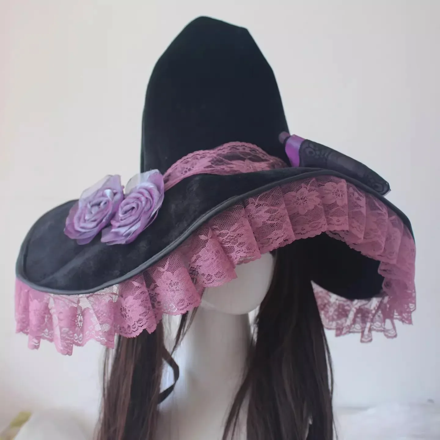 IMU Multi-colored Large Magic Hat Retro Handmade Gothic Rose Lace Witch Hat Halloween Lolita Cosplay Gorgeous Flat Hat