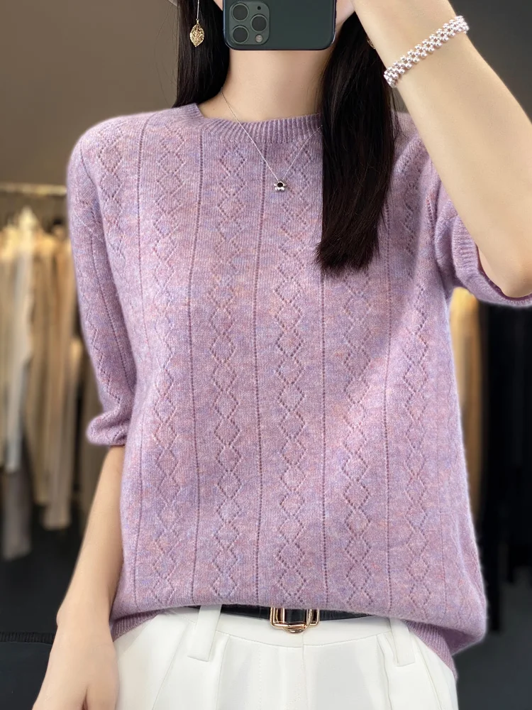 100% Merino Wool Women\' Sweater Spring Summer O-Neck Diamond Solid Color Hollow Out Solid Color Pullover Short Sleeved Soft Tops