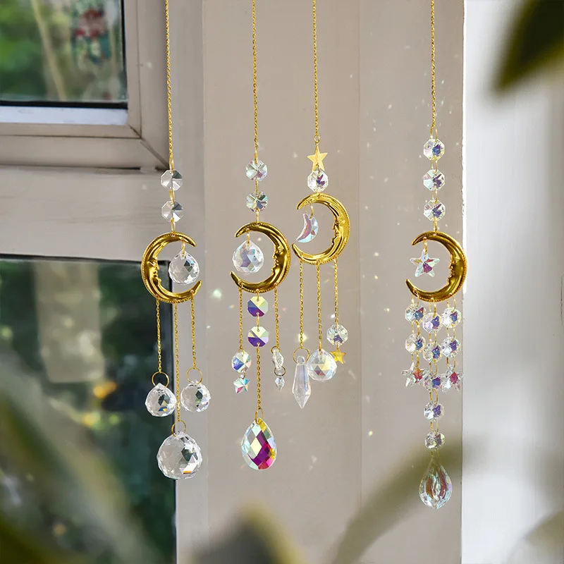 1pc Colored Crystal Wind Chime Moon Decorative Pendant Crystal Prism Hanging Gift SunCatcher For Garden Party Outdoor Home Decor