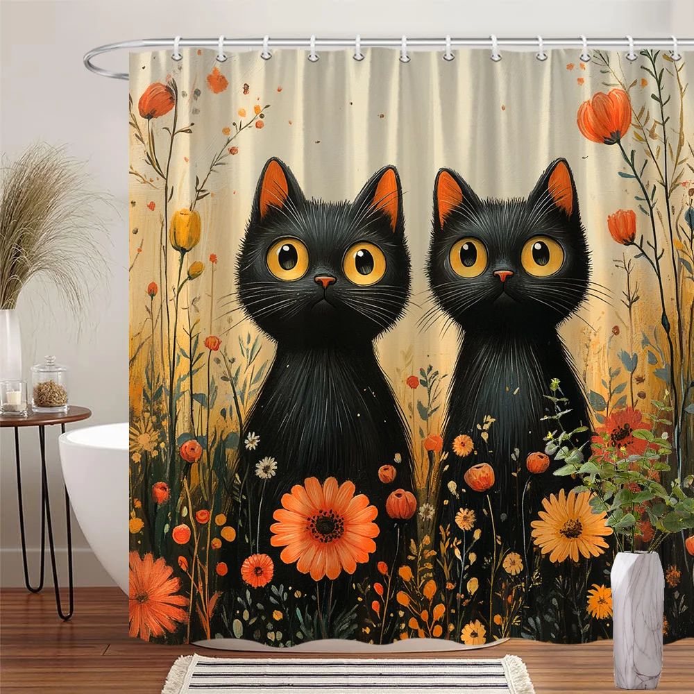 Charming Black Cats with Sunflowers Shower Curtain - Water-Resistant, Easy to Clean, Adds a Playful and Artistic Touch