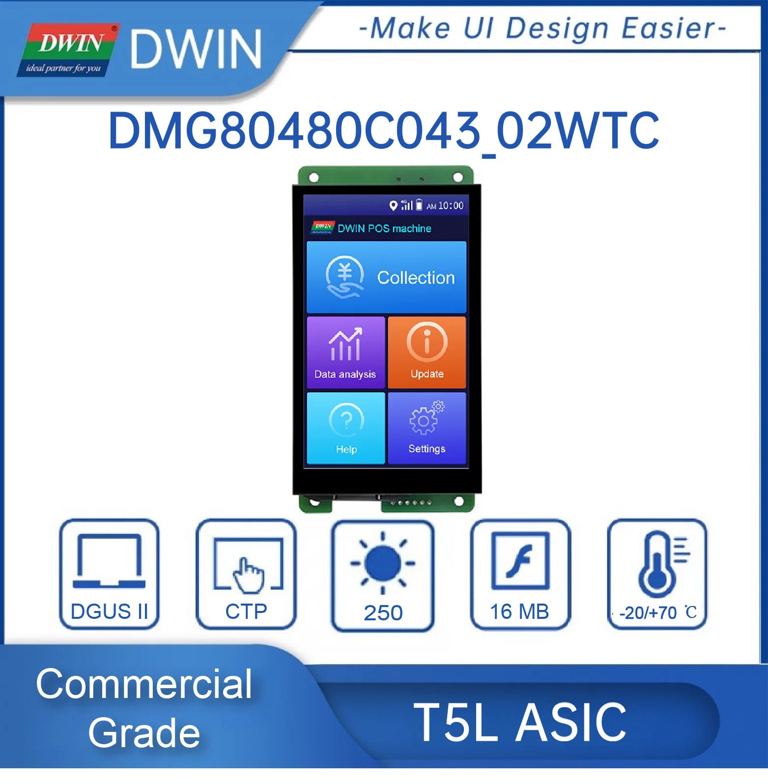 

Dwin T5L HMI Intelligent Display,4.3" IPS 800X480 LCD Module Screen TTL UART Port DMG80480C043_02W