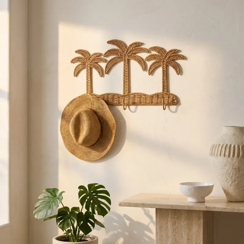 PE Rattan Wall Hook 3 Hooks Coconut Forest Style Decorative Hanger for Entrance Door Bedroom Storage Art Link Organizer Three