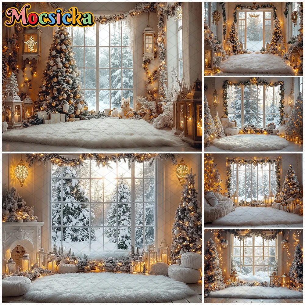 

Mocsicka Christmas Photography Backgrounds Room Xmas Tree Snow Window Decorations Party Children Adult Photo Backdrops Wallpaper