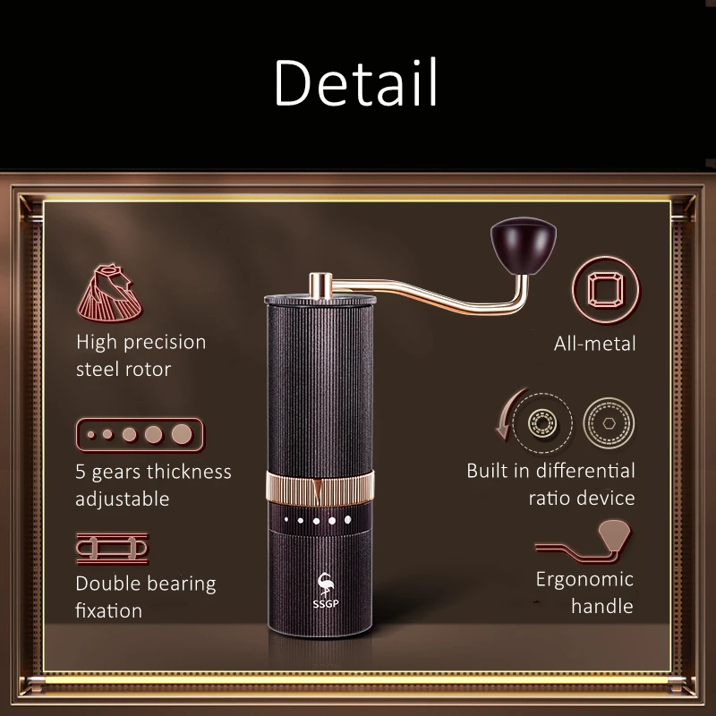 LFGB Certificate Luxury Coffee Grinder 5 Gears Thickness Adjustable Stainless Steel Rotor Smooth Manual Coffee Powder Maker