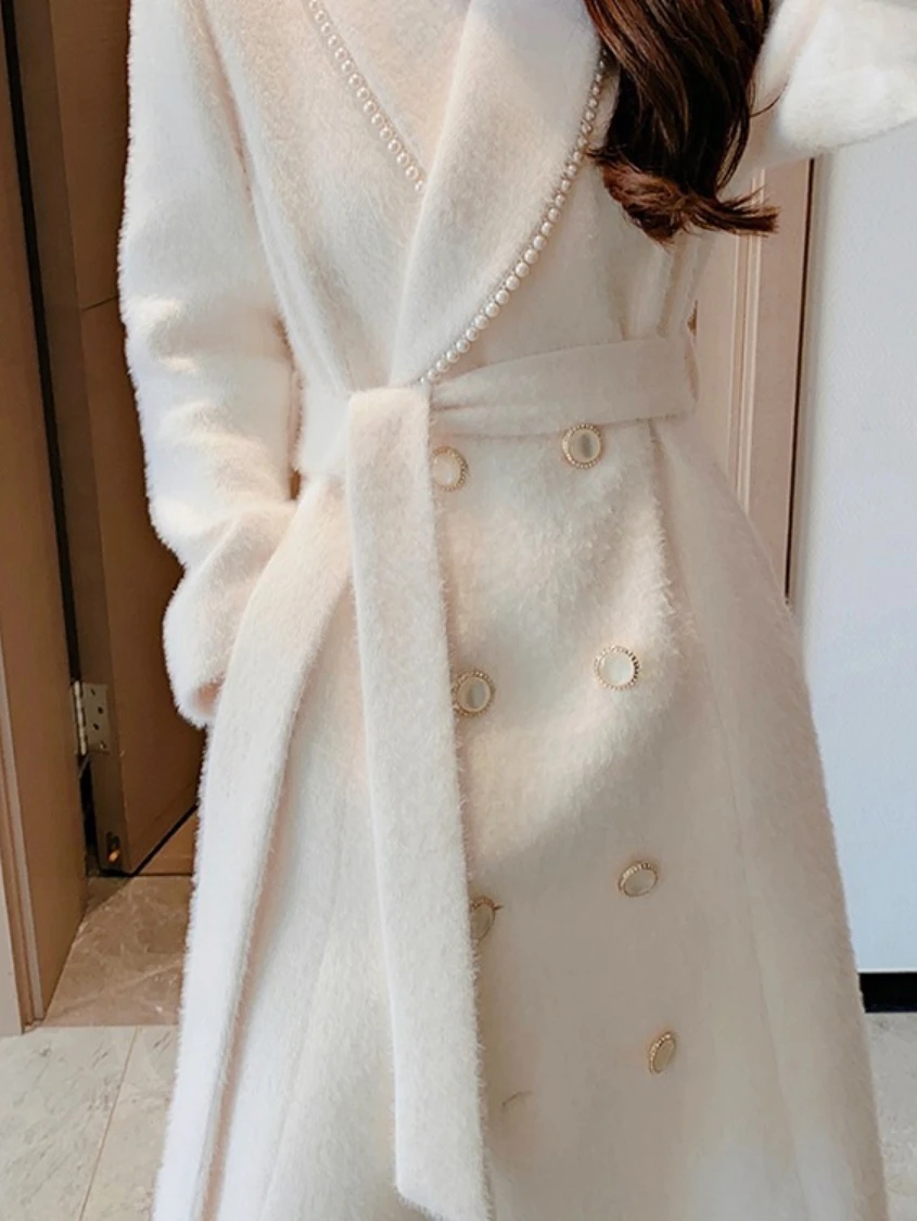 Chic Beaded Elegant White Cashmere Coat for Women Autumn Winter 2022 New Mid-Length Belt Waist Woolen Coats Female Trench Coat