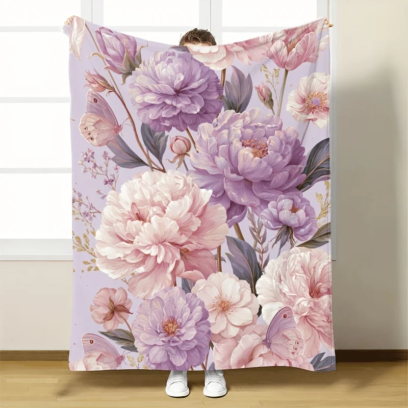 Premium Large Peony Floral Blanket Throw for Couch Bed Home Decoration Soft Fleece Winter Blanket 150x200cm
