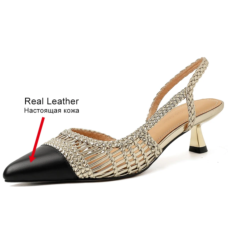 JOZHAMTA Size 34-42 Real Leather Women Sandals Slingback Woven Kitten Mid Heels Summer Shoes Elegant Office Lady Dress