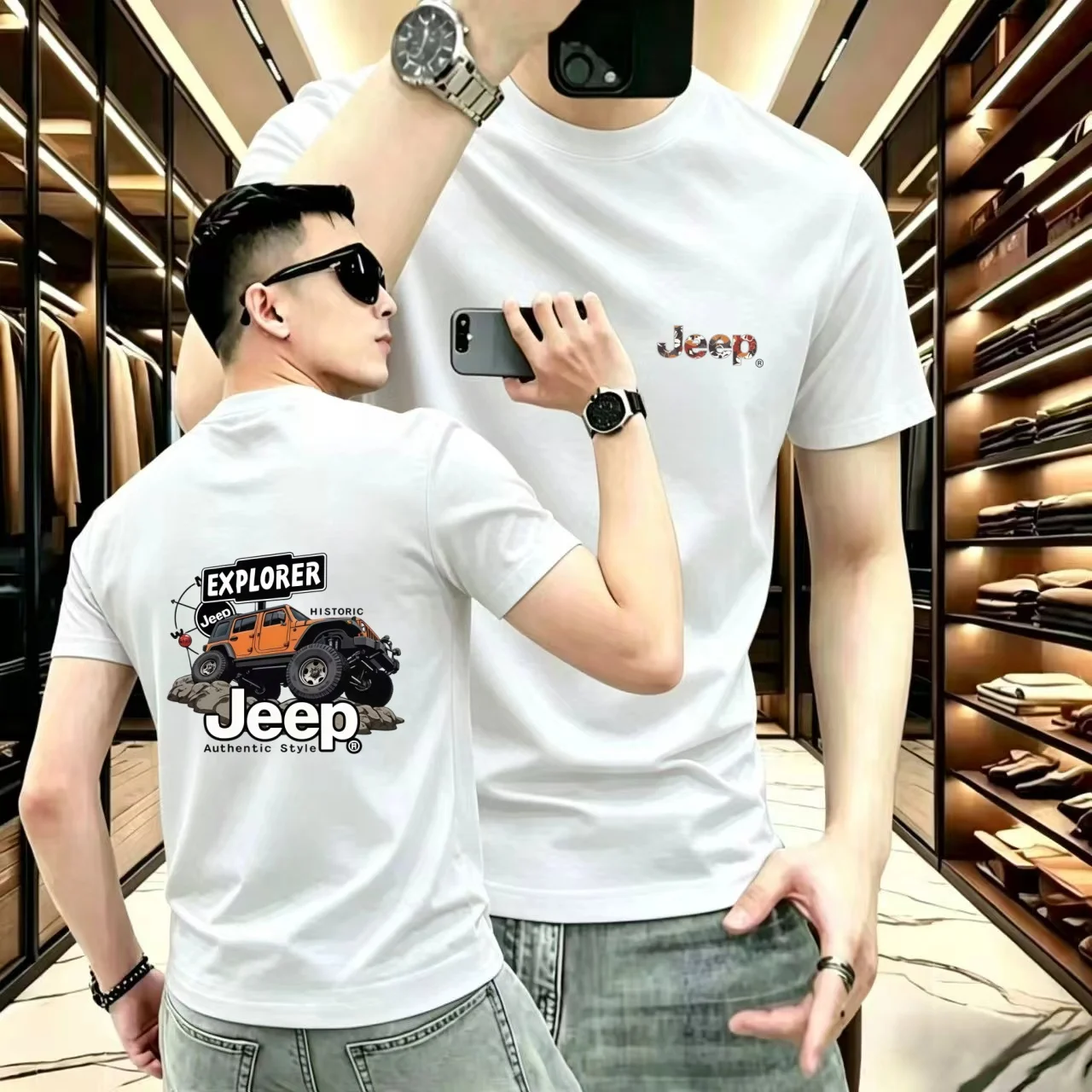 Men's Jeep Cotton Short-Sleeve T-Shirt with Vintage Off-Road Vehicle Print, Comfortable and Breathable Casual Outdoor T-Shirt.