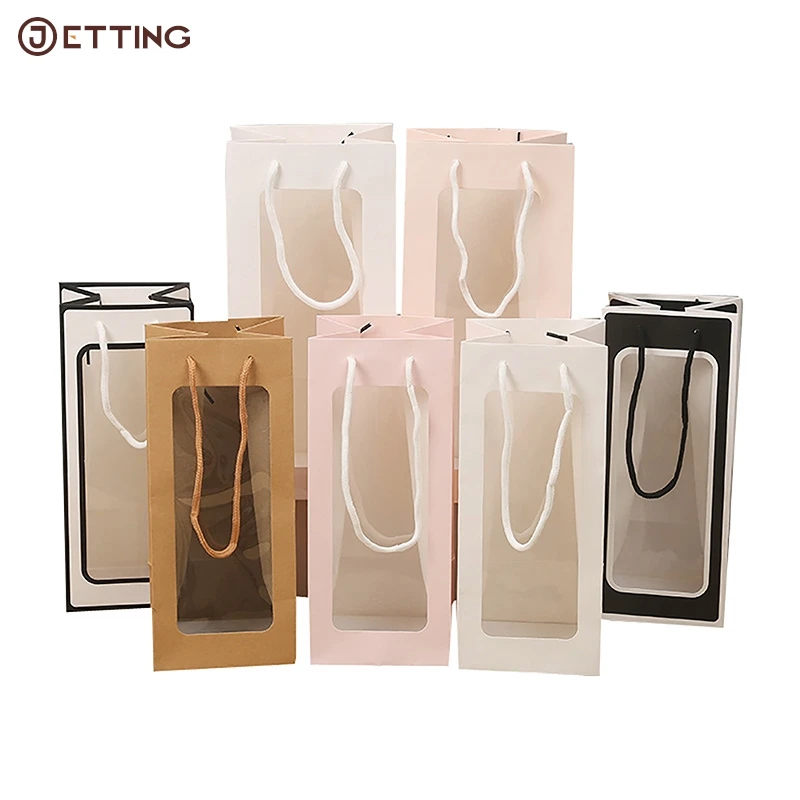 

Kraft Paper New Style Single Red Wine Tote Bag Window Transparent PVC Kraft Paper Flower Doll Rectangular Gift Packaging Bag