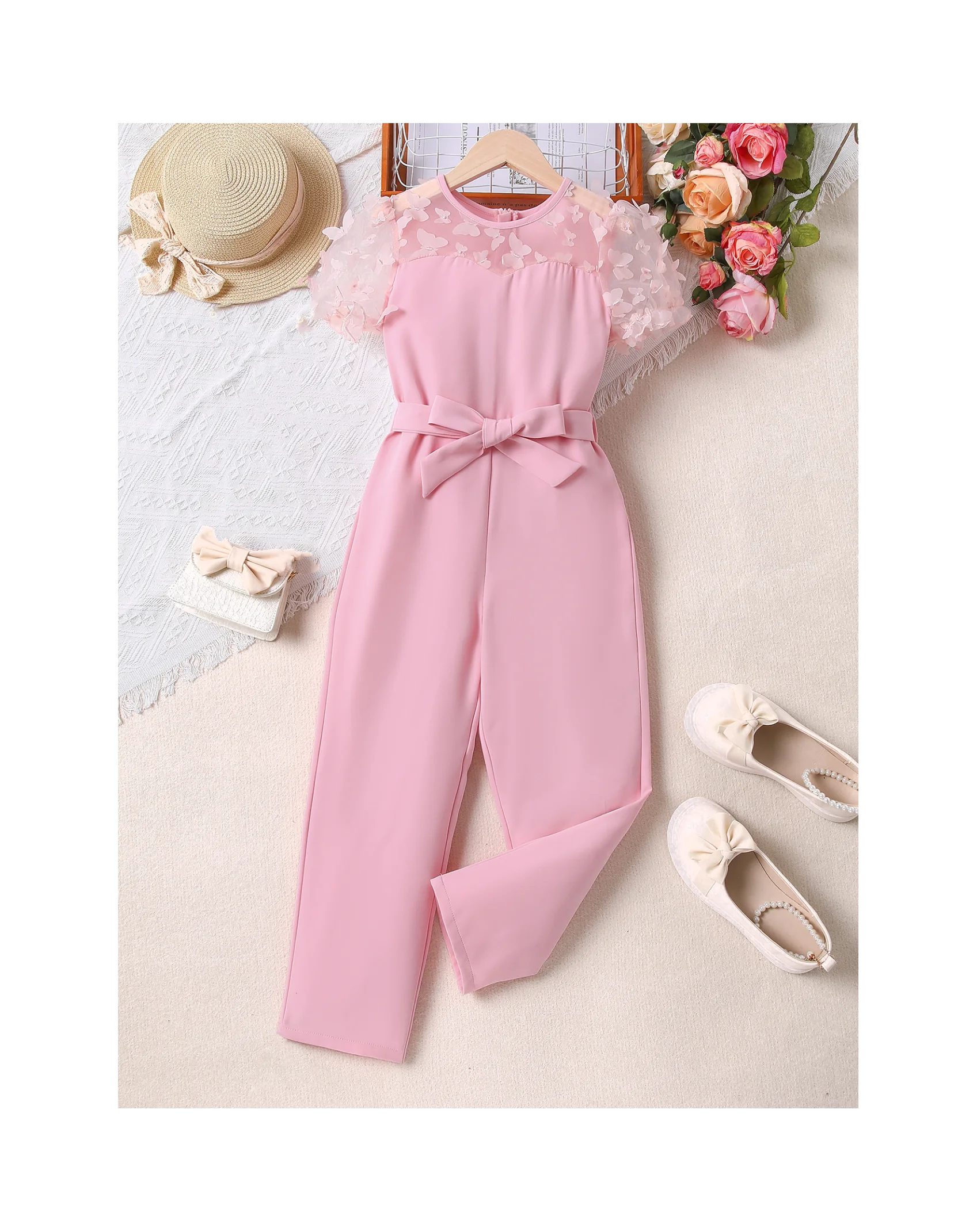 Sweet and cute round neck pink butterfly mesh bubble sleeve bow waist pull-in romper girls summer