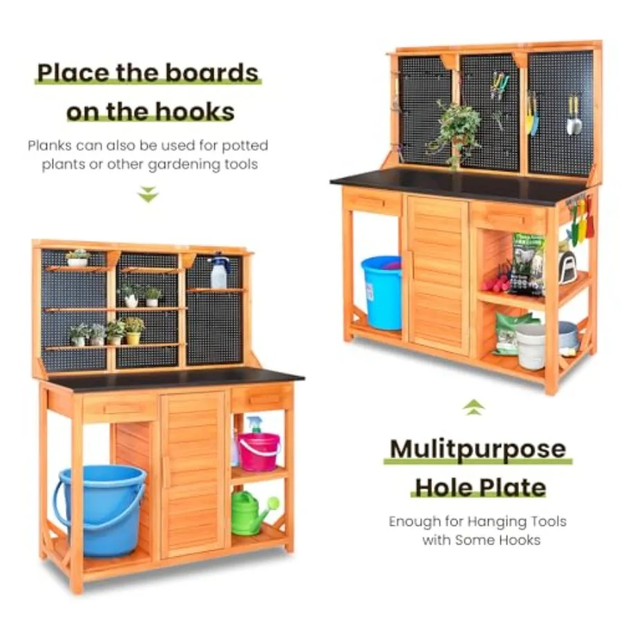 Outdoor Garden Potting Bench, Horticultural Wooden Workstation Table with Storage Drawer, Cabinet, Metal Pegboard, Adjustable H
