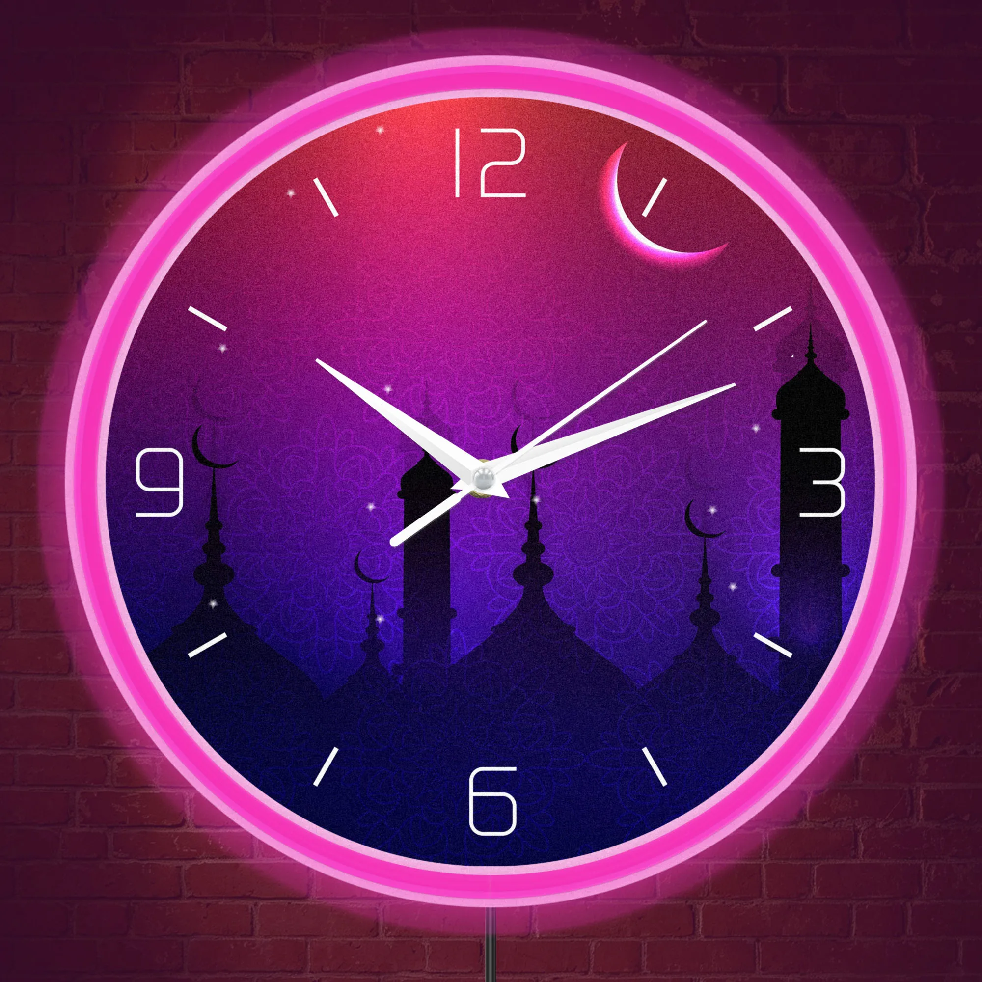 Mosque Tower Crescent Moon Night Neon Wall Clock Glow in Dark LED Night Light Clock for Prayer Room Musilim Prayer Home Decor