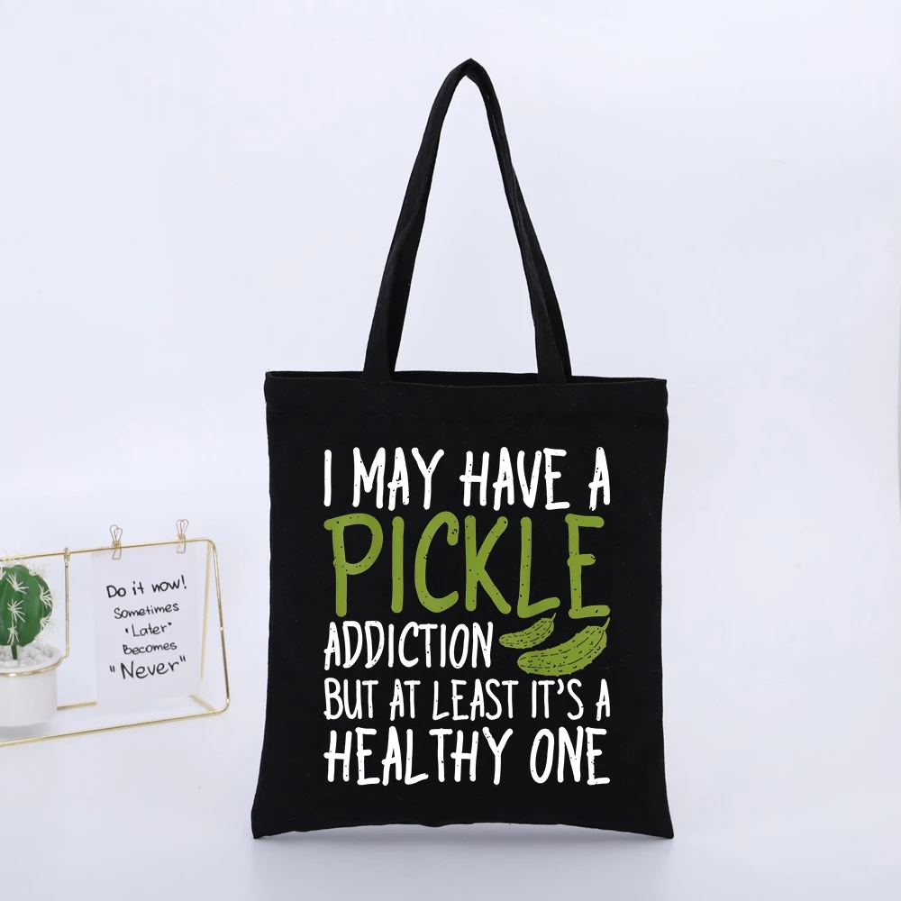 Pickle Graphic Canvas Tote Bag with Slogan Print, Casual Style for Daily Shopping