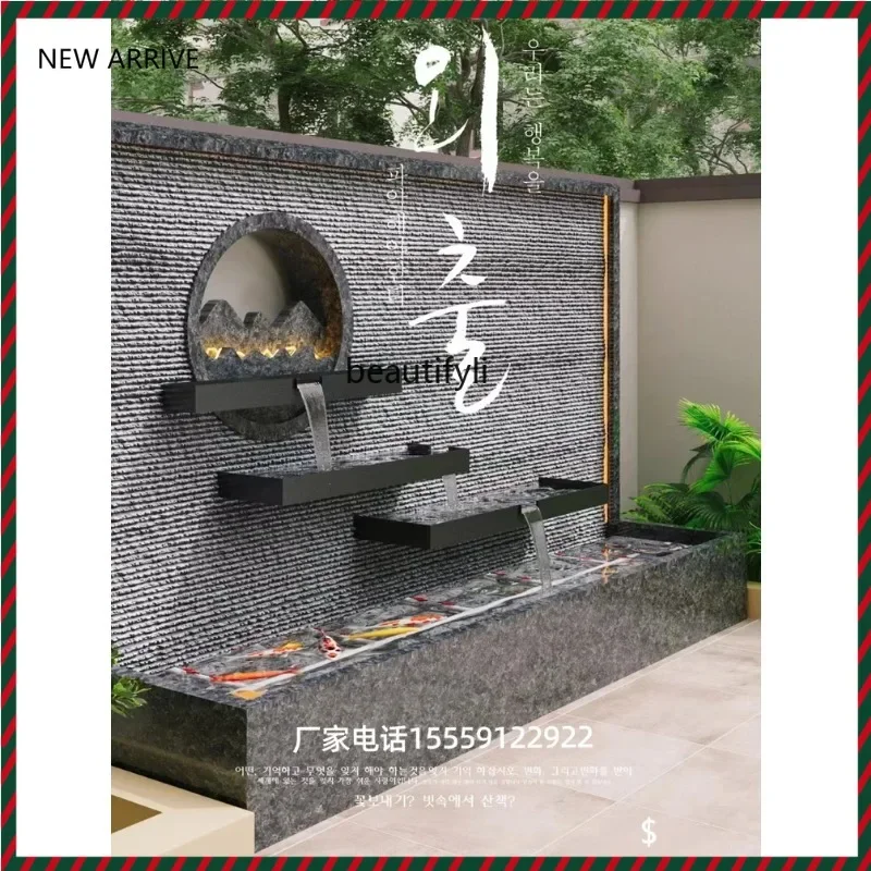 Granite stone water curtain wall courtyard water feature fish pond background wall entrance running water screen