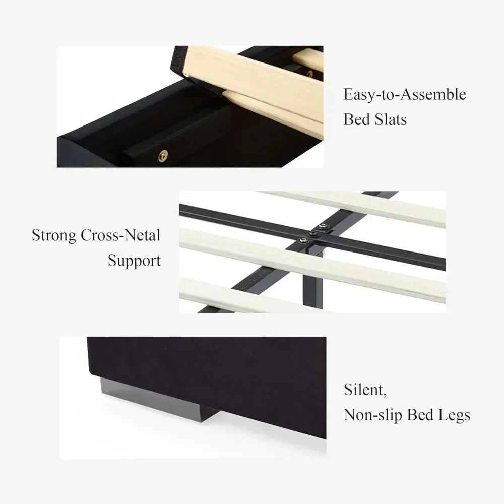 Rangka Tempat Tidur Mewah dengan Lampu LED Emas Bawaan dan Meja Malam, Tempat Tidur Platform dengan Headboard Berlapis Besar untuk Kamar Tidur