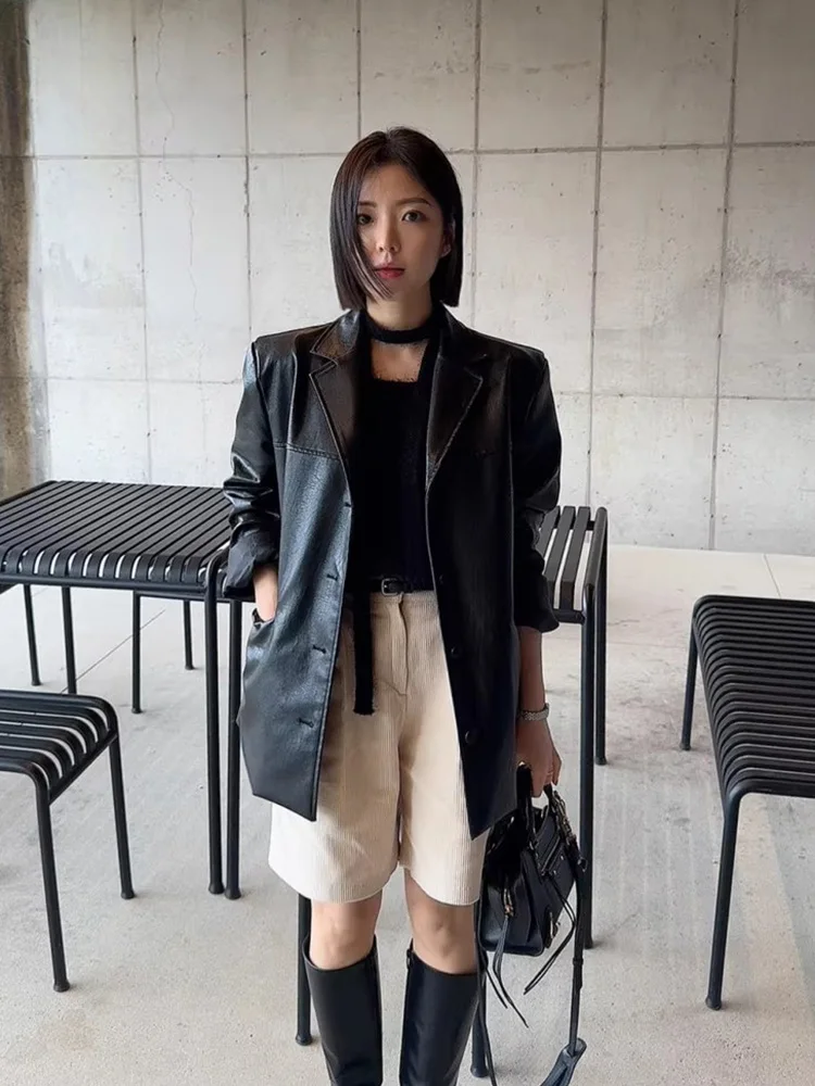 Retro Chic Loose Women's PU Leather Jaet Versatile Motorcycle Sle Suit Outerwear Autumn New Arrival Faionable
