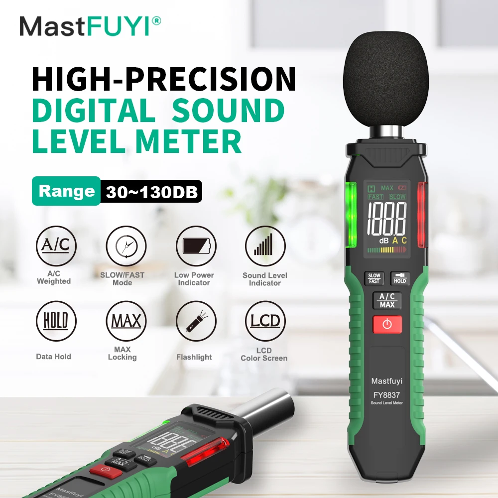 Mastfuyi-handheld Sound Level Meter Medição de Ruído Medição de Áudio Digital db Metro 30130db Fy8837