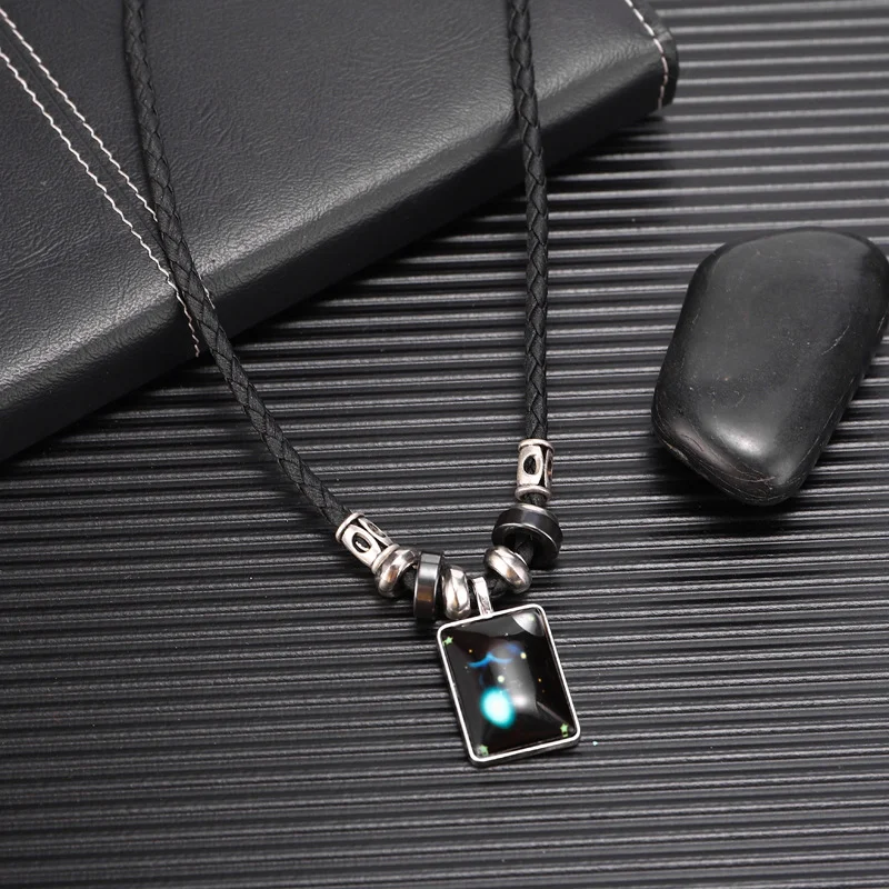 New 12 Constellation Luminous Leather Necklace for Men Zodiac Necklace Pendant Men Women Gifts