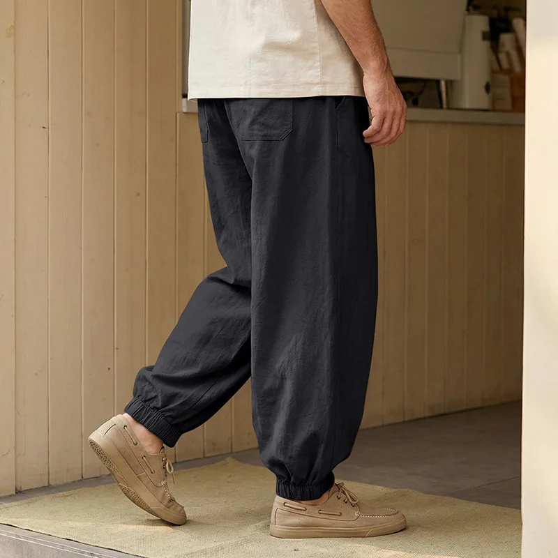 Europäische und amerikanische Freizeithose für Herren: Sommerliche Strand-Leinenhose in Übergröße mit Bündchen am Knöchel – Detail 23