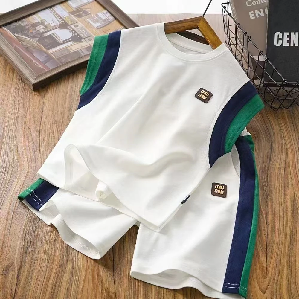 2024 New Children's Sleeveless Color blocked vest+Shorts Suitable for girl boys leisure summer Toddle clothing 2-piece set