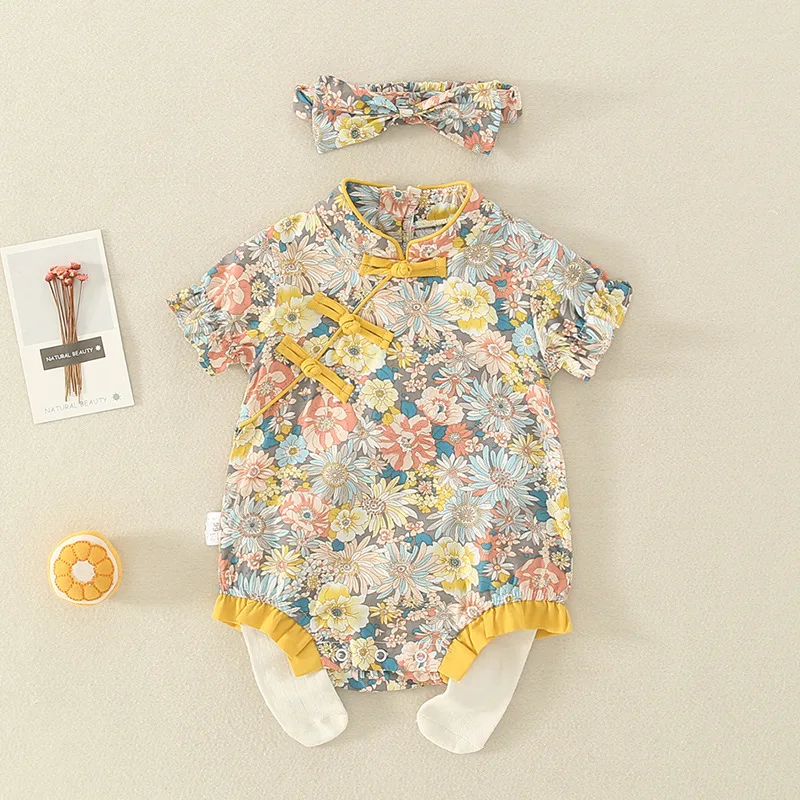 Baby Girl Cheongsam Short Sleeve Romper Summer New Style Ethnic Floral Jumpsuit Crawling Suit Triangle Bodysuit