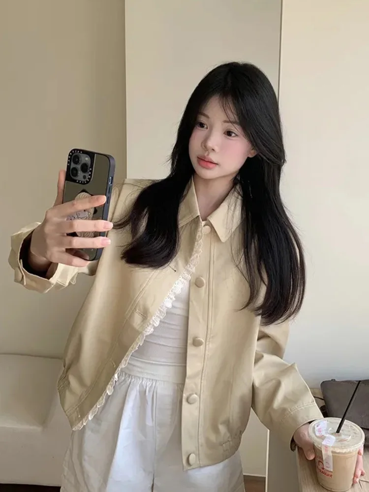 Lace Patchwork Sweet Jackets Women Vintage Elegant Long Sleeve Khaki Coat Korean Retro Casual Female Preppy Style Autumn Outwear