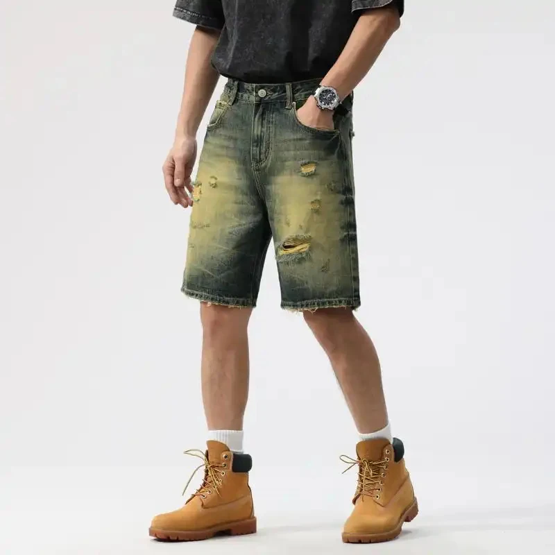 

2026 Summer Vintage Retro Style Ripped Denim Shorts For Men, Loose Straight Cut, Trendy American Style, Knee-Length Casual Short