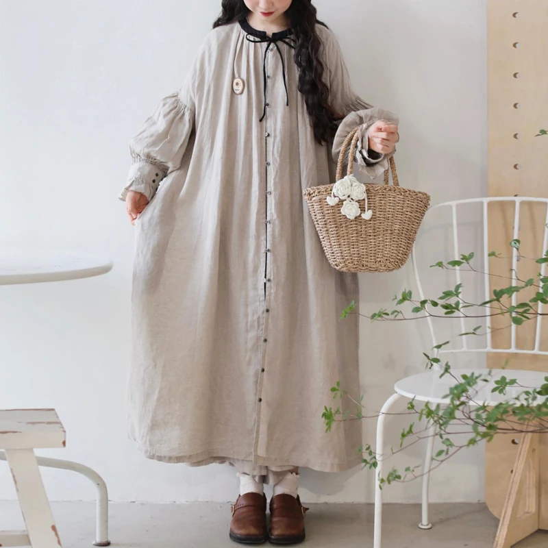 Johnature O-neck Patchwork Vintage Linen Lantern Sleeve Women Dresses 2024 Autumn Winter New Japanese Loose All Match Dress