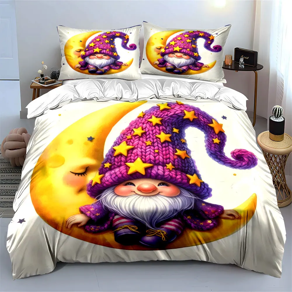 A dreamy gnome sitting on a shining crescent moon Print Duvet Cover Bedding Set Included 1*Duvet Cover 2*Pillowcases