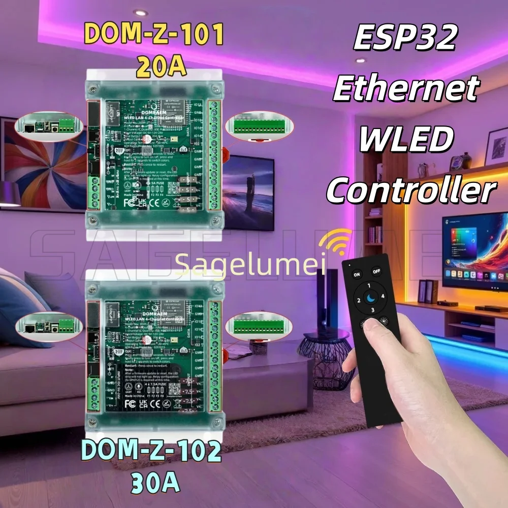 20A/30A DOMRAEM 4CH ESP32 Ethernet WLED Controller DIN Rail Mount Independent Fuses WiFi Music Sync WS2811/12 RGBIC Strip DIY