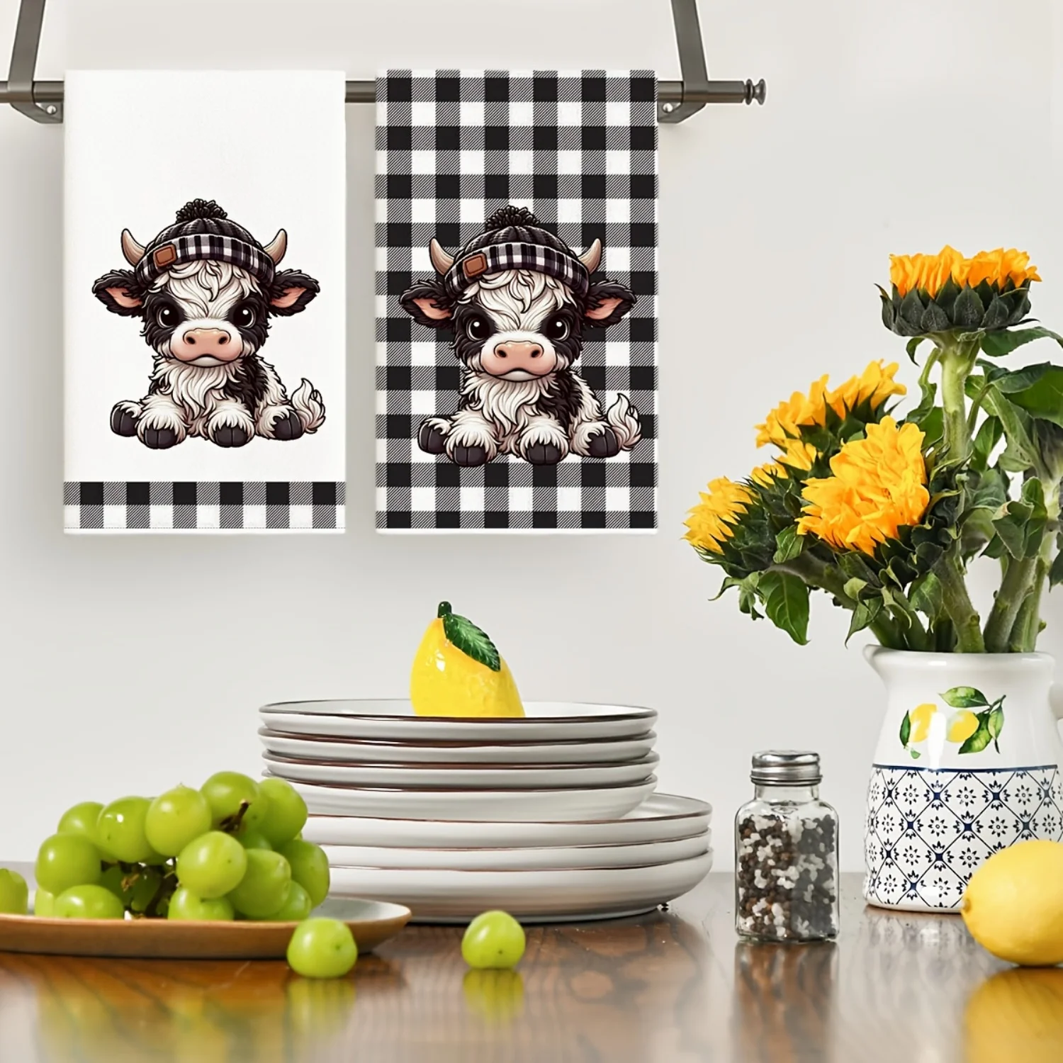 Set of 2, Cartoon Highland Cow Printed Towels, Ultra-Fine Microfiber Modern Absorbent Cloths, Cooking And Baking Tea Towels