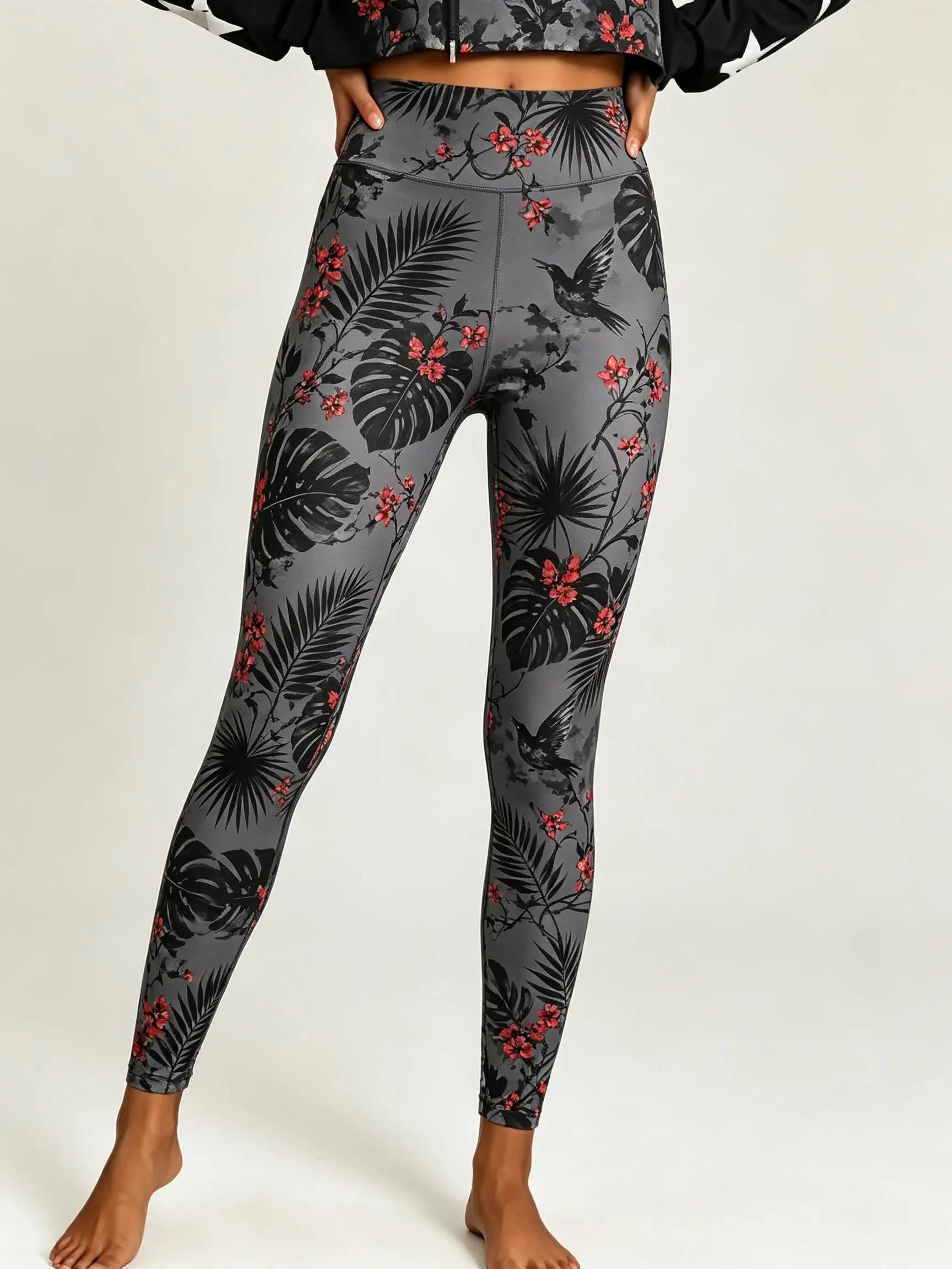 Women Fleece‑lined Mid‑rise Leggings Tie‑dye Tropical Floral Palm Leaf Hummingbird Full‑leg Print Slim Stretch  Casual Pants