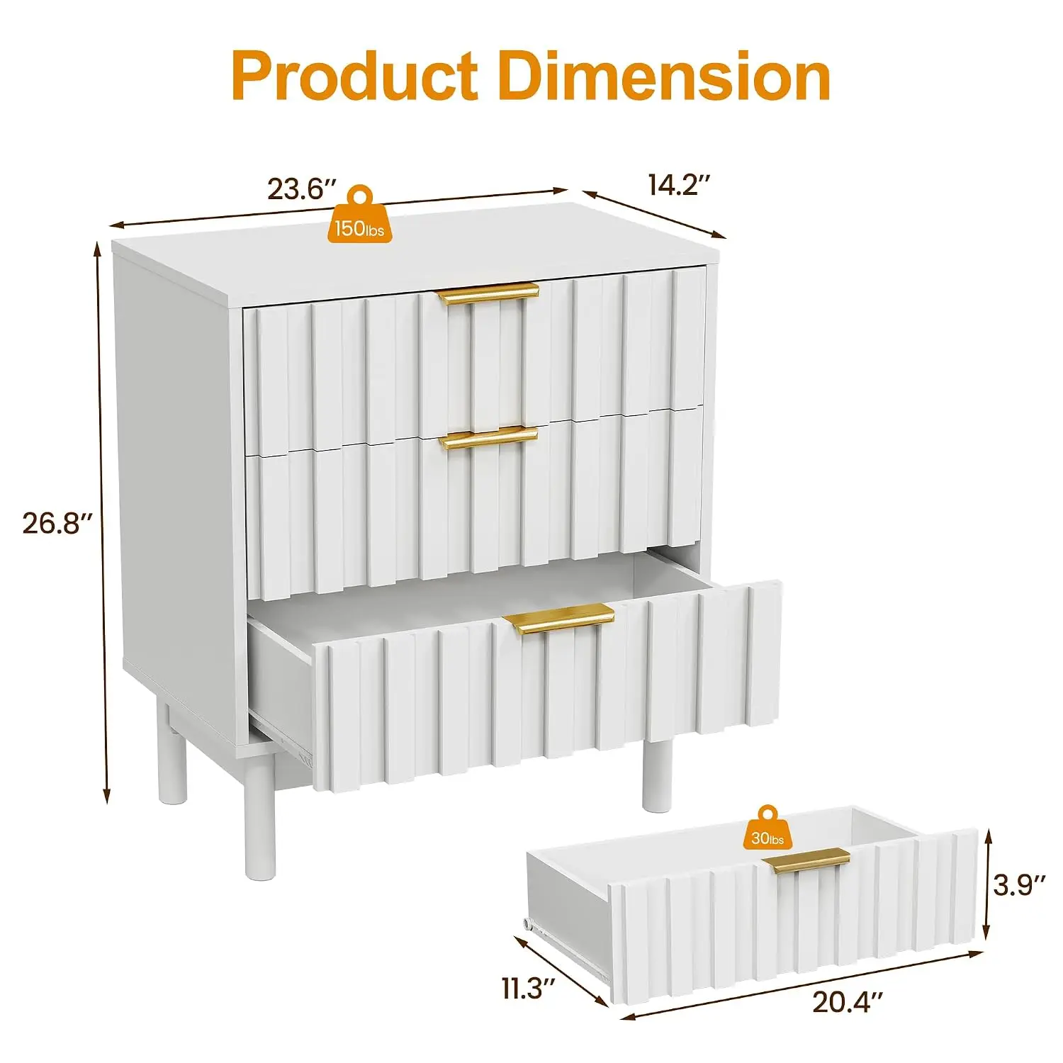 Modern Fluted 3 Drawer Nightstand Set Of 2, Wooden Storage Side Table With Edge Pull For Bedroom Living Room, Customized