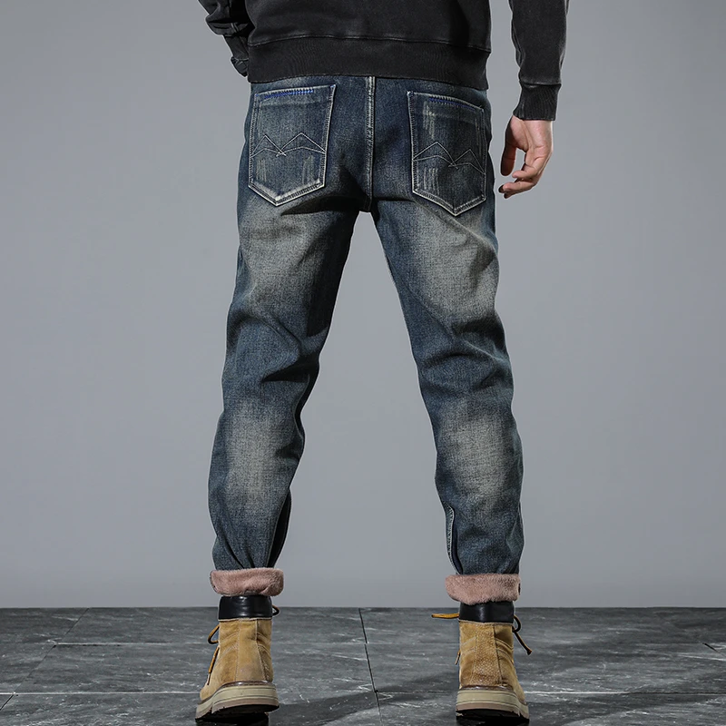 High-end fall and winter padded and thickened men's straight jeans influx of embroidery Slim elastic small feet pants male