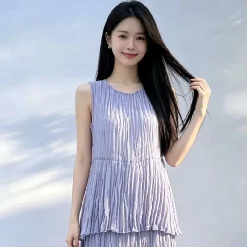 Miyake Pleated Solid Color T-Shirt 2026 Summer Niche Design Solid Handmade Pleats Sleeveless Top Casual Versatile Women Clothing