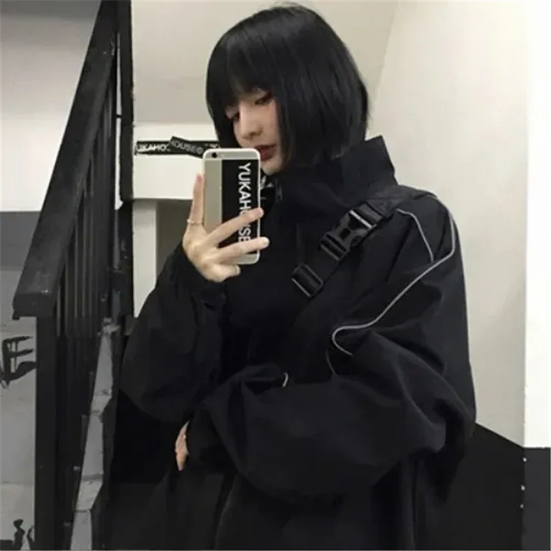 Reflective Jacket Fashion Korean Style Women's Autumn Casual Full with Black Loose Korean Clothing Classic Retro Outerwear