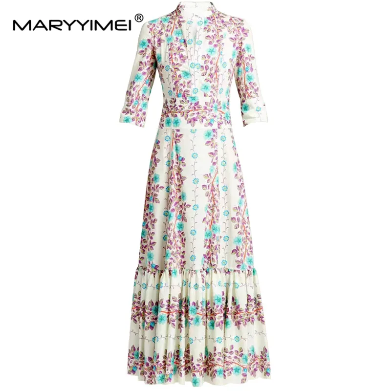 

MARYYIMEI New Fashion Runway Designer Women's V-Neck Poplin Printed Fairy Dress Purple Vine Flower Mid-Sleeve Beach Dress