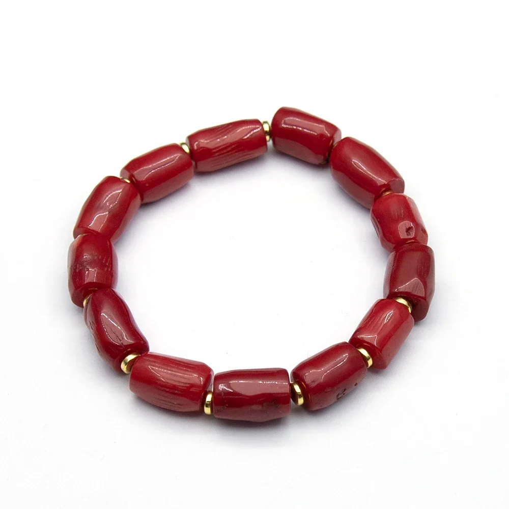 9-14 مللي متر المرجان الطبيعي سوار اللون الأحمر الخرز أسطواني الشكل مع اللون الذهبي خزر عازل الرجال والنساء هدية عيد ميلاد #5