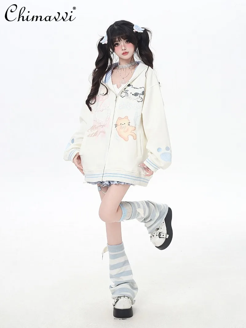 2025 roupas de outono nova moda solta kawaii jaqueta feminina bonito meninas feminino doce renda xadrez gato impressão com capuz manga longa casaco