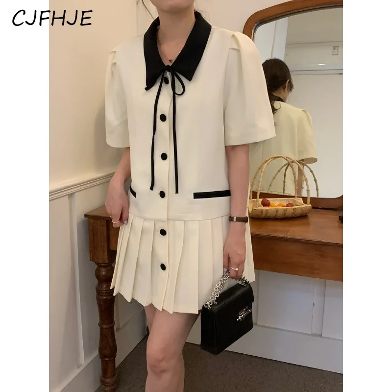 

CJFHJE Women's Solid Color Loose Pleated Patchwork Short Dress Version Fashion Women Polo Collar Tie Up Contrasting Color Dress