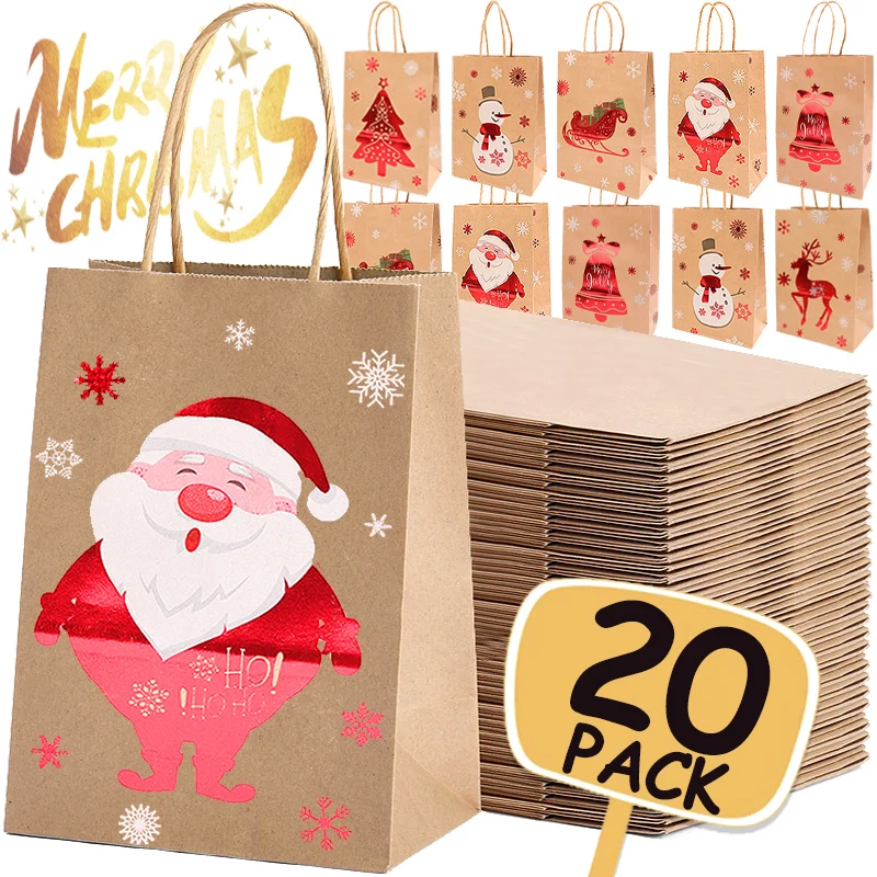 Bolsa de papel Kraft, embalaje de Navidad, bolso de papel de regalo, patrón de muñeco de nieve de Papá Noel, decoración de fiesta en casa, saco de dulces