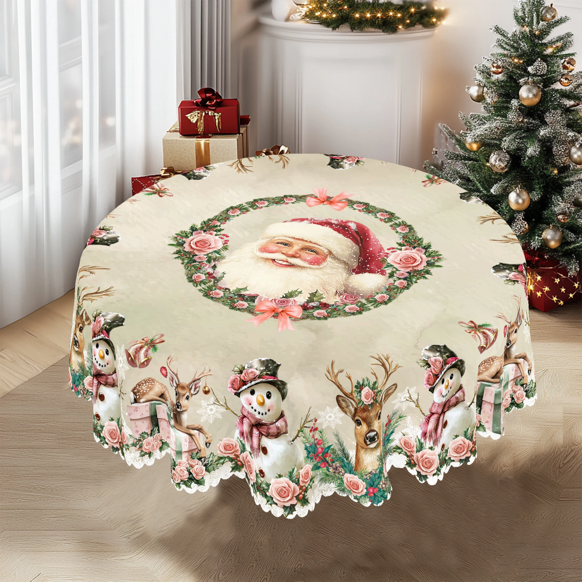 1 Piece Christmas Round and Rectangular Tablecloth, Various Sizes, Santa Claus and Christmas Snowman Retro Pattern Decoration Tablecloth, Christmas Garden Tablecloth Decoration, Tablecloth for Daily Home Kitchen, Terrace, Gift