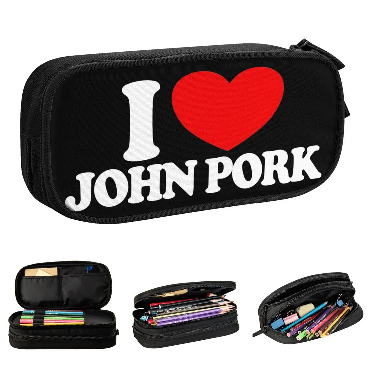I Love John Pork Red Heart Meme Federmäppchen, doppellagig, großes Fassungsvermögen, für Schulbedarf, Federmäppchen, Schreibwaren, perfektes Geschenk
