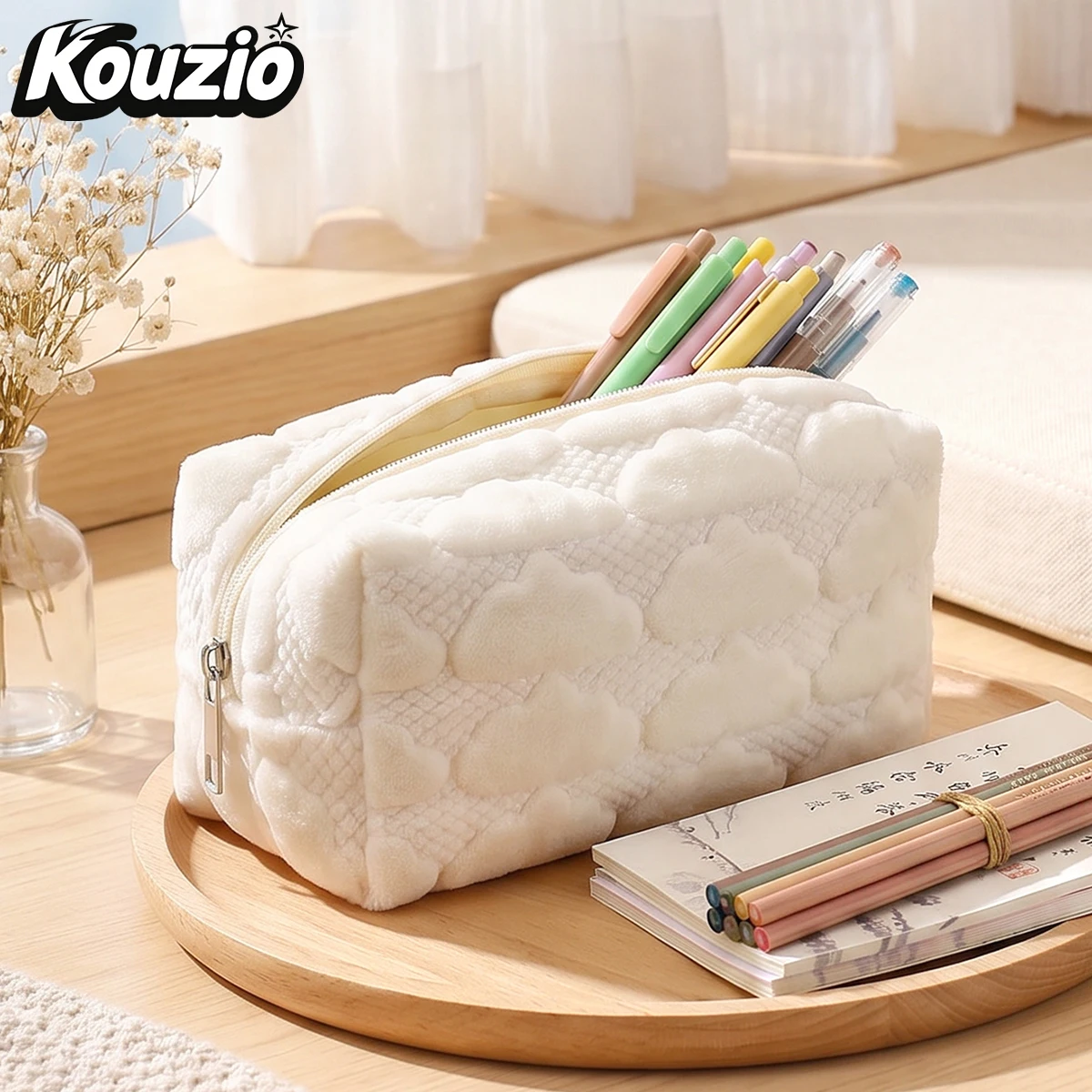 Plush Cloud Quilted Pencil Case Large Capacity Cosmetic Pouch Makeup Organizer Bag Soft Fluffy Zipper Storage Case - KOUZIO