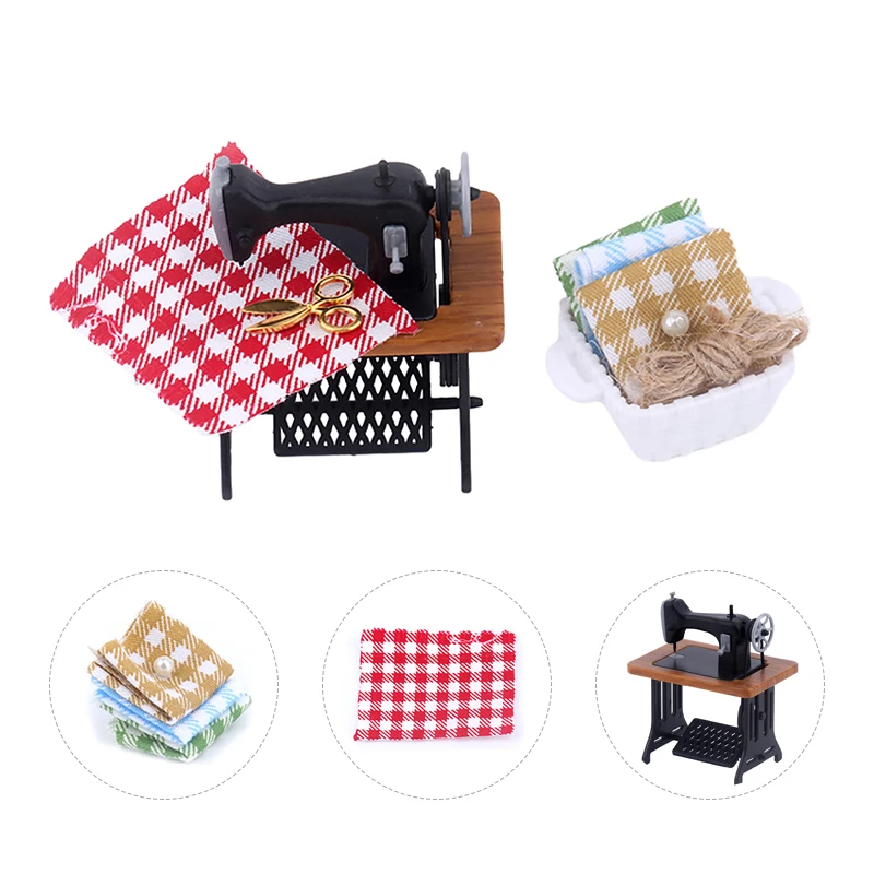 

1Set 1:12 Dollhouse Miniature Sewing Machine Scissor Cloth Storage Box Furniture Sewing Scenes Decor For Kids Pretend Play Toy