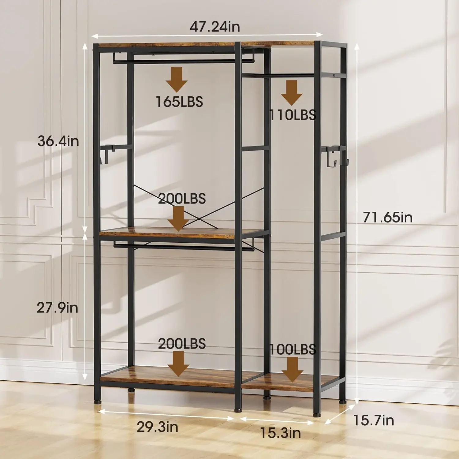 Standing closet organizer Heavy Duty clothes closet garment iron and wood Wardrobe with rod clothing racks for hanging clothes r