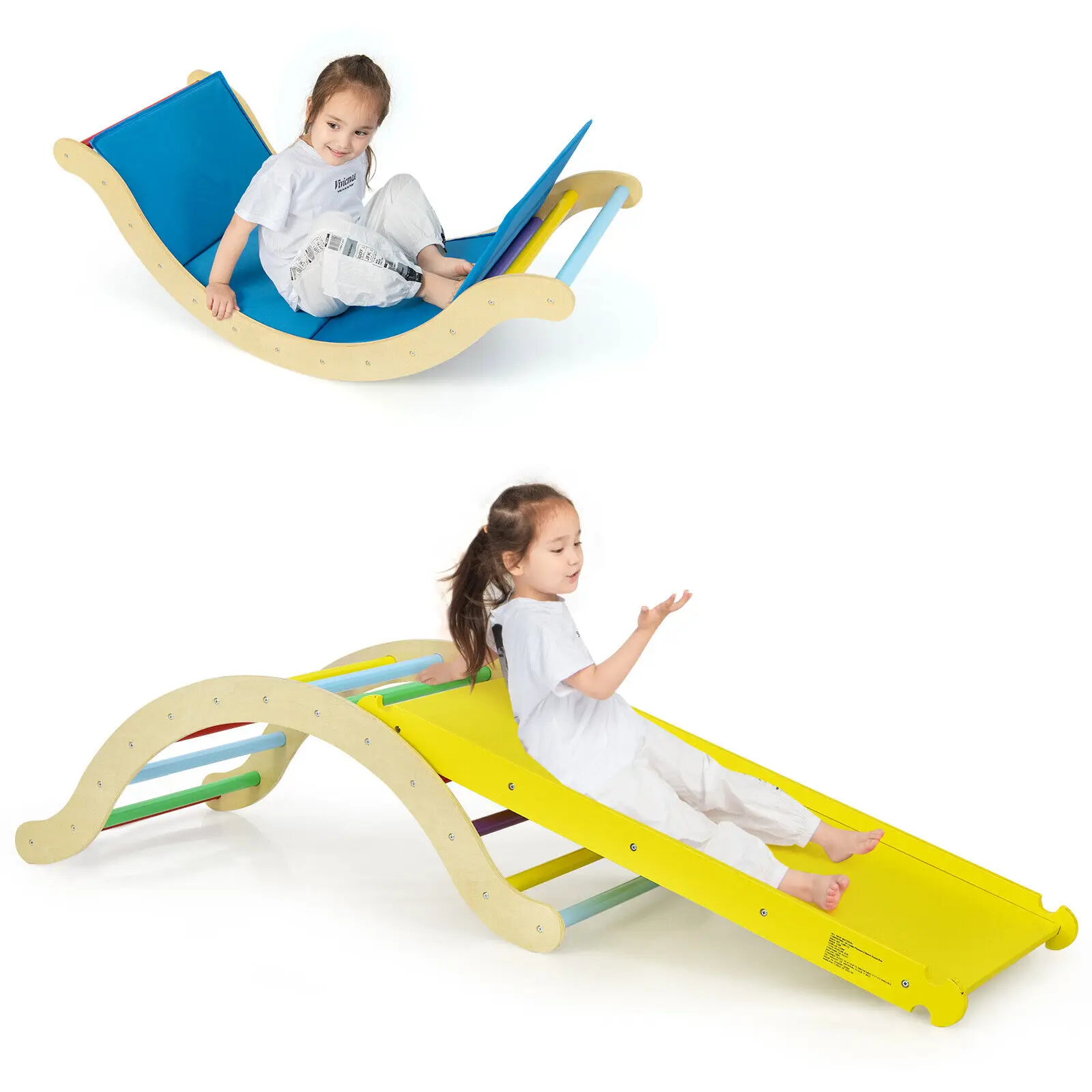 Costway 3-in-1 Kids Climber Set Wooden Arch Triangle Rocker w/ Ramp & Blue Mat