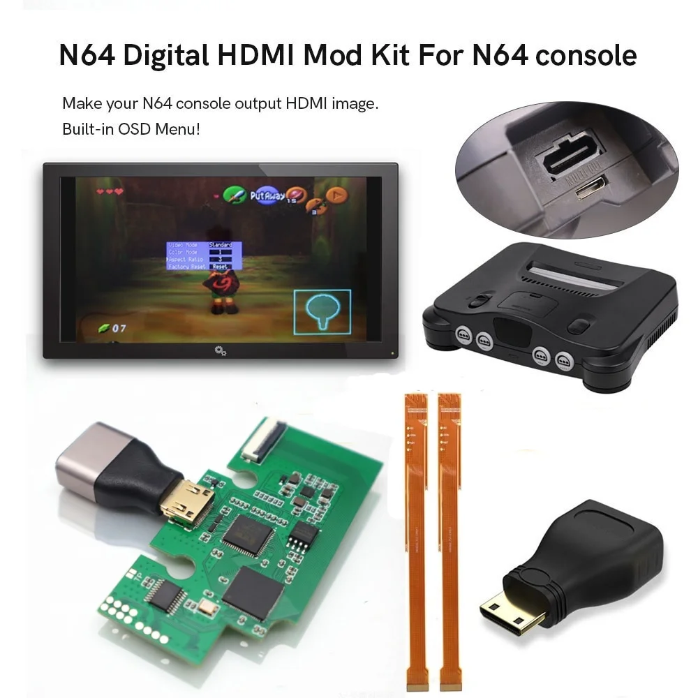 N64 디지털 고화질 HDMI TV 키트 게임 비디오 PCB 모드 (OSD 메뉴, 8가지 색상 모드 포함) - 납땜 기술 필요
