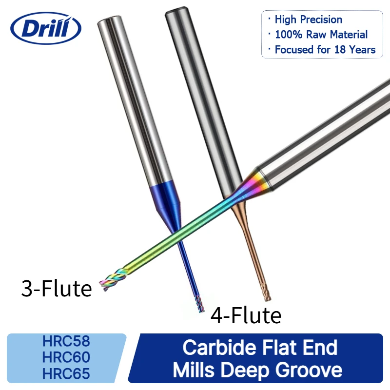 HRC58/60/65 Nano 2/3/4-Flute Carbide Flat End Mills Deep Groove CNC Tools Wear-Resistant Precision Cutting for Hardened Steel